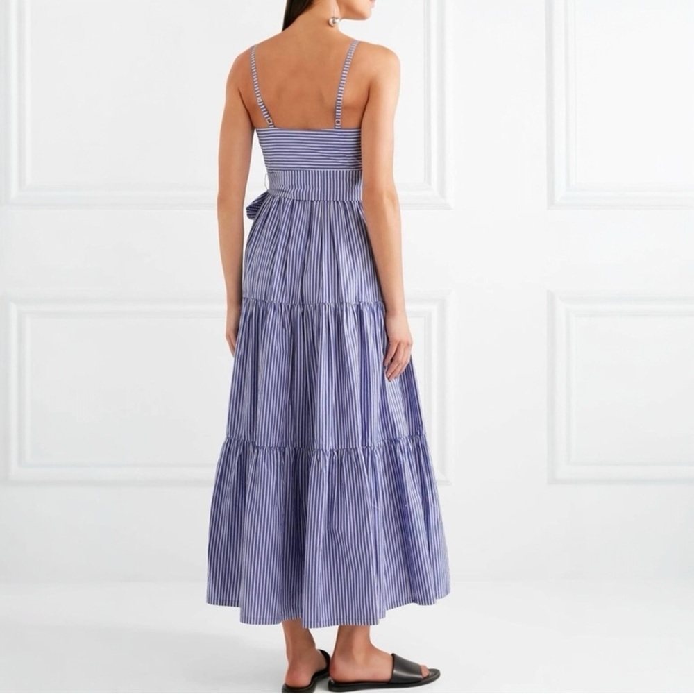 J Crew Cotton Poplin Tiered Maxi Dress Size 0 Striped Blue White Tie Waist - Picture 2 of 13